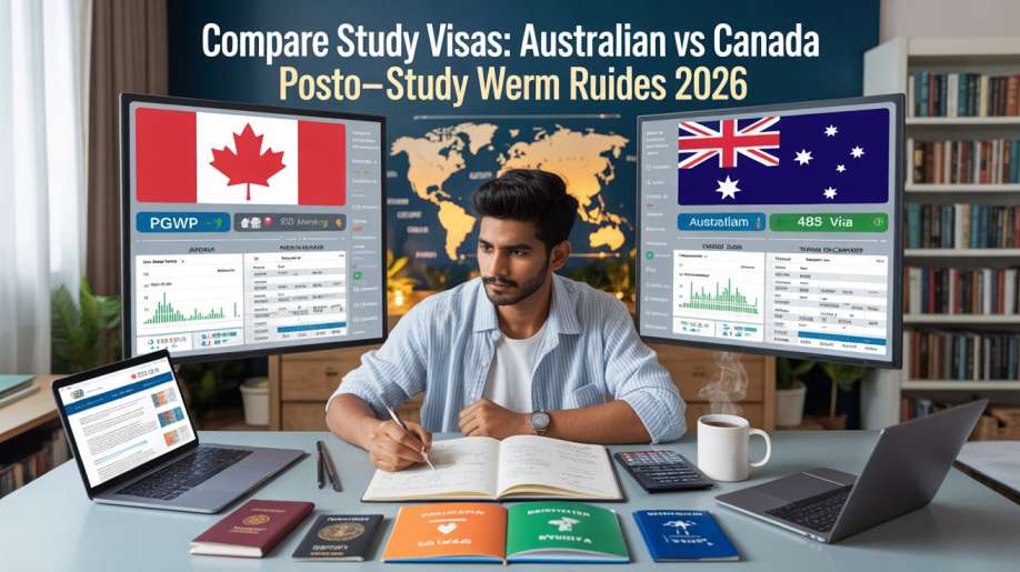 Compare Study Visas Australia vs Canada Post-Study Work Rules 2026 showing analytical Indian student at desk with split screen monitor displaying Canada and Australia flags with immigration charts