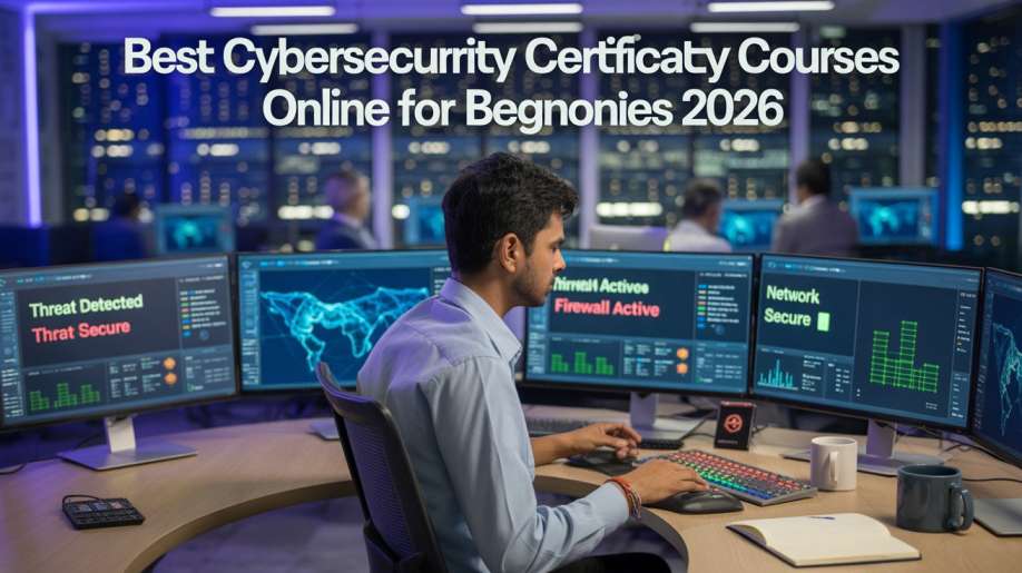 Best Cybersecurity Certification Courses Online for Beginners 2026 showing focused Indian IT professional in modern Hyderabad office looking at multiple glowing server screens displaying security dashboards and threat maps