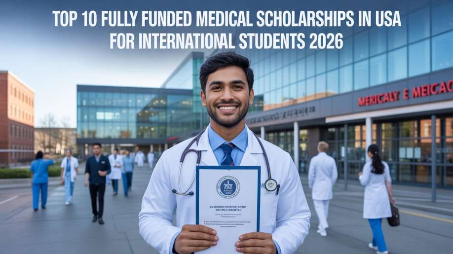Top 10 Fully Funded Medical Scholarships in USA for International Students 2026 showing focused Indian medical student in white lab coat smiling holding acceptance letter in front of modern American hospital building