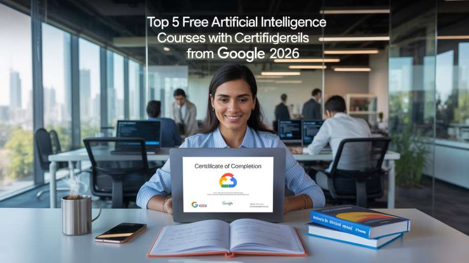 Top 5 Free Artificial Intelligence Courses with Certificates from Google 2026 showing focused Indian female tech professional in modern Pune office looking at laptop screen displaying Google AI digital certificate