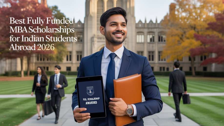 Best Fully Funded MBA Scholarships for Indian Students Abroad 2026 showing confident Indian digital entrepreneur in sharp business suit holding digital scholarship award letter in front of historic Ivy League business school campus