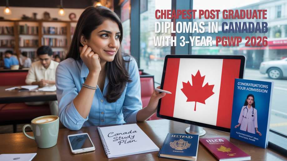 Cheapest Post Graduate Diplomas in Canada with 3-Year PGWP 2026 showing ambitious Indian female student in cozy Chandigarh cafe looking at digital tablet displaying Canadian flag and college admission letter