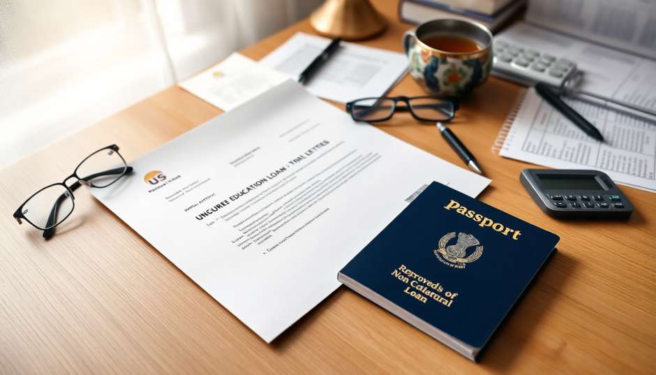 How to Get an Education Loan for Study Abroad Without Collateral 2026 unsecured education loan sanction letter on desk next to Indian passport calculator and cup of tea