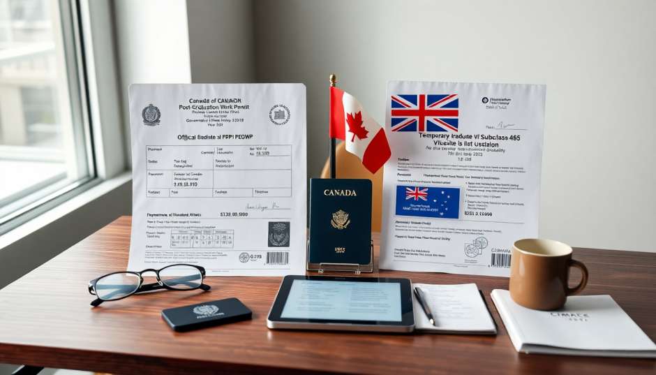 Compare Study Visas Australia vs Canada Post-Study Work Rules 2026 official Canadian PGWP document next to Australian Subclass 485 visa grant notice on modern desk