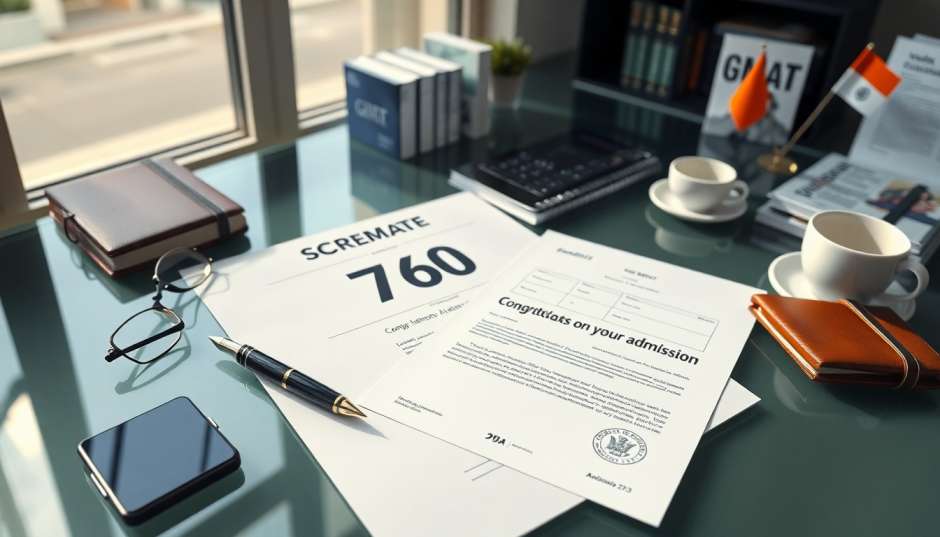 Best Fully Funded MBA Scholarships for Indian Students Abroad 2026 official GMAT score report showing massive 760 score on modern glass desk next to MBA admission letter and luxury pen