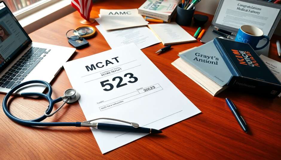 Top 10 Fully Funded Medical Scholarships in USA for International Students 2026 official MCAT score report showing top percentile score on wooden desk next to stethoscope and anatomy textbook