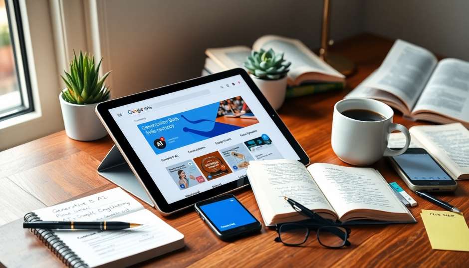 Top 5 Free Artificial Intelligence Courses with Certificates from Google 2026 digital tablet showing Google Cloud Skills Boost dashboard on wooden desk next to notebook and cup of coffee